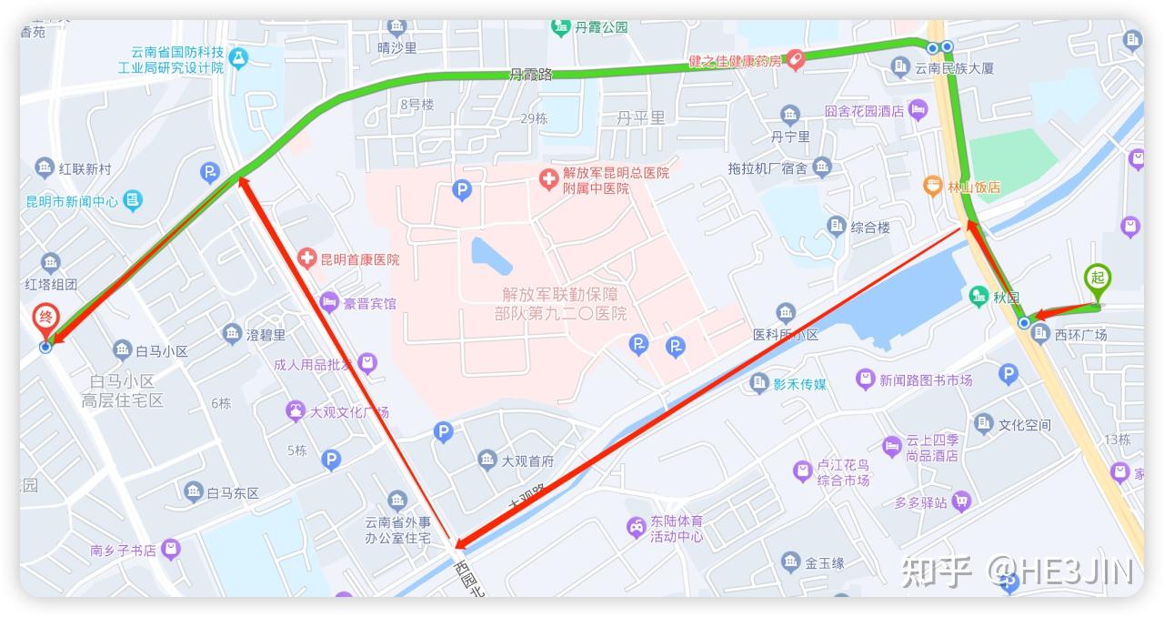 坐标昆明:红色为文中提到的步行路线,绿色为现在导航规划的步行路线